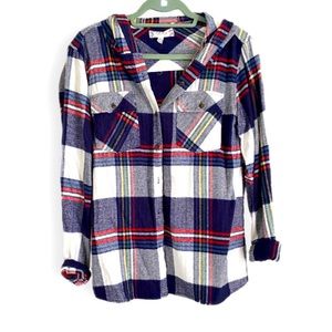 Blue Red White Flannel Hoodie Shirt Jacket by Pink Rose